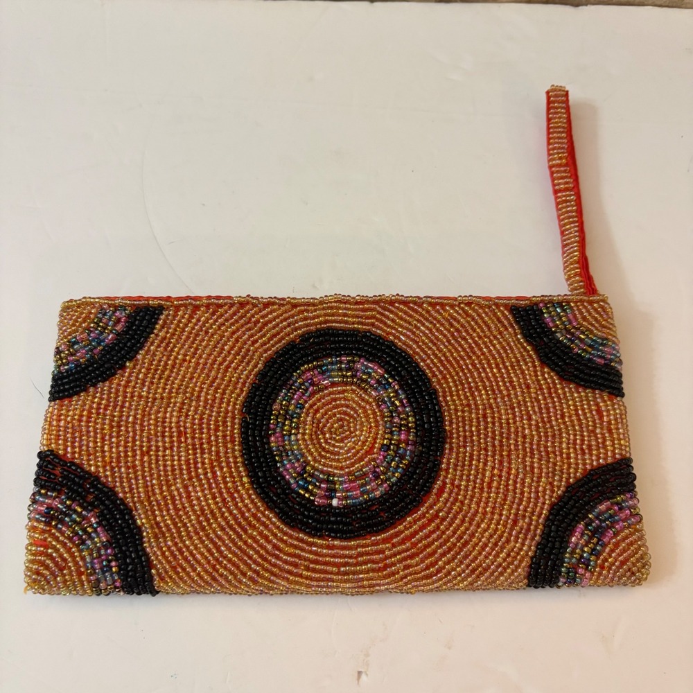 Handmade Orange Beaded Wristlet Clutch Bag Geometric Target Pattern Zipper Pouch